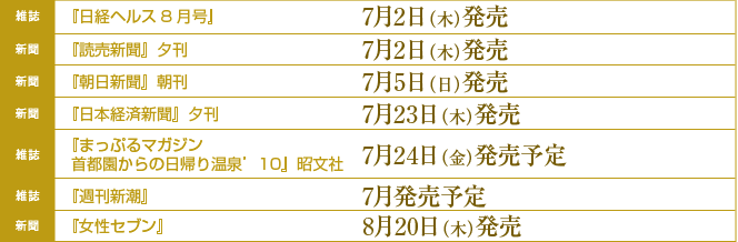 雑誌『日経ヘルス8月号』 7月2日(木)発売
新聞『読売新聞』夕刊 7月2日(木)発売
新聞『朝日新聞』朝刊 7月5日(日)発売
新聞『日本経済新聞』夕刊 7月23日(木)発売
雑誌『まっぷるマガジン首都園からの日帰り温泉’10』昭文社 7月24日(金)発売
雑誌『週刊新潮』7月発売予定
雑誌『女性セブン』8月20日(木)発売