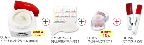 ULセルトリートメントクリーム(80ml) + 白かっさプレート(卓上解説パネル付き) + ULセルロゼキャビア(ミニ) + ULセルミニコスメ2点