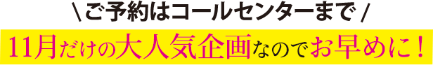 ご予約はコールセンターまで　11月だけの大人気企画なのでお早めに！