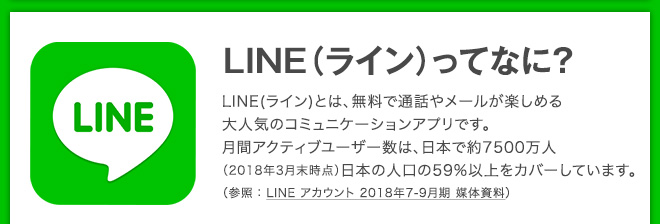 LINE（ライン）ってなに？　LINE(ライン)とは、無料で通話やメールが楽しめる大人気のコミュニケーションアプリです。月間アクティブユーザー数は、日本で約7500万人（2018年3月末時点）日本の人口の59%以上をカバーしています。（参照：LINE アカウント 2018年7-9月期 媒体資料）