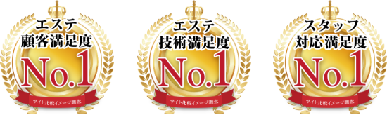 エステ顧客満足度No1、エステ技術満足度No1、スタッフ対応満足度No1