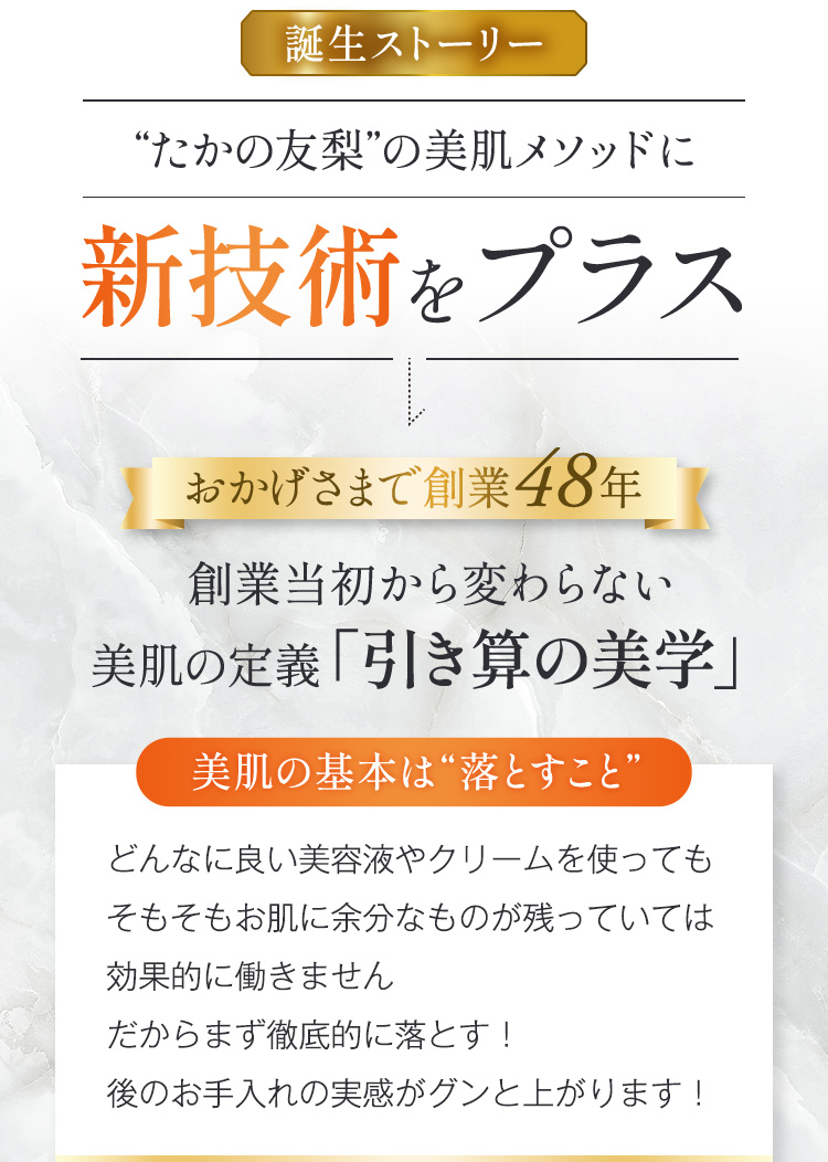 誕生ストーリー
        “たかの友梨”の美肌メソッドに新技術をプラス
        　創業当初から変わらない美肌の定義「引き算の美学」