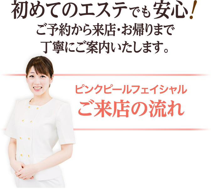 初めてのエステでも安心!ご予約から来店・お帰りまで丁寧にご案内いたします・