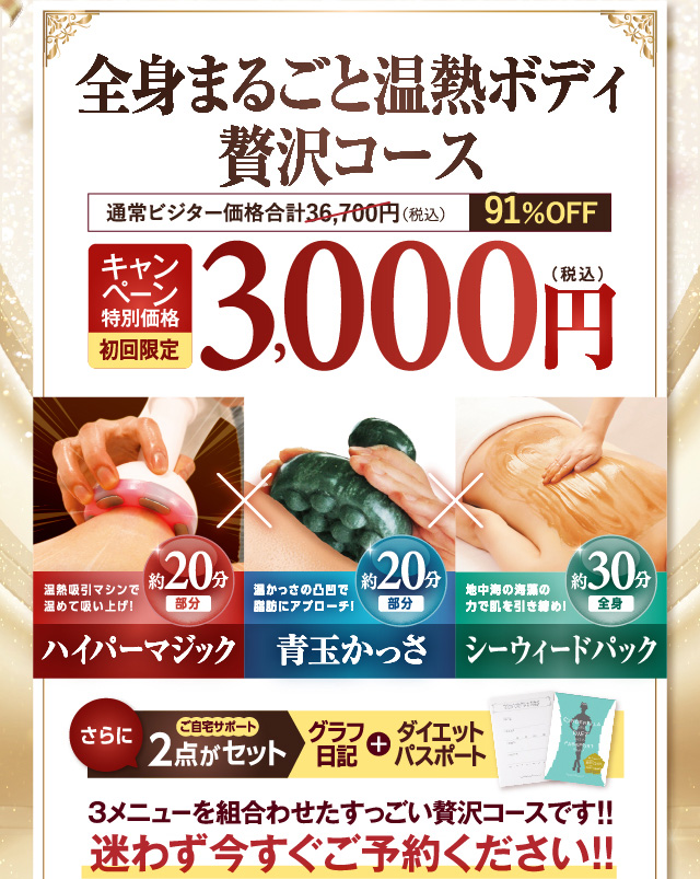 全身まるごと温熱ボディ贅沢コース キャンペーン特別価格初回限定3000円(税込)