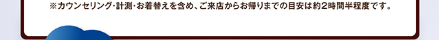 ※カウンセリング・計測・お着替えを含め、ご来店からお帰りまでの目安は約2時間半程度です。