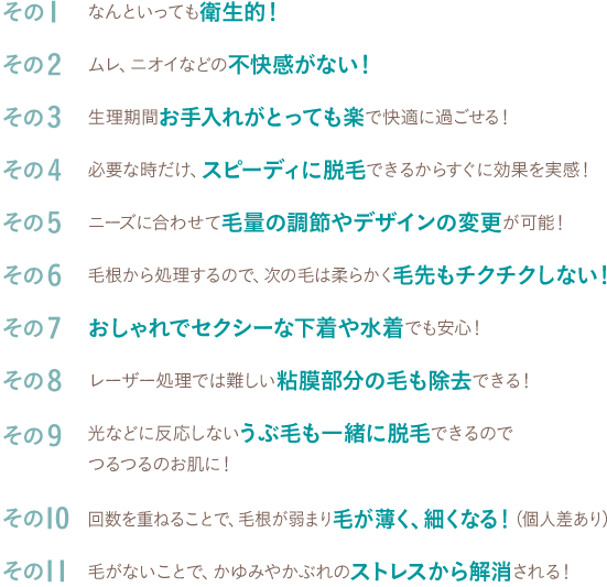 その１　なんといっても衛生的！
その２　ムレ、ニオイなどの不快感がない！
その３　生理期間お手入れがとっても楽で快適に過ごせる！
その４　必要な時だけ、スピーディに脱毛できるからすぐに効果を実感！
その５　ニーズに合わせて毛量の調節やデザインの変更が可能！
その６　毛根から処理するので、次の毛は柔らかく毛先もチクチクしない！
その７　おしゃれでセクシーな下着や水着でも安心！
その８　レーザー処理では難しい粘膜部分の毛も除去できる！
その９　光などに反応しないうぶ毛も一緒に脱毛できるのでつるつるのお肌に！
その１０　回数を重ねることで、毛根が弱まり毛が薄く、細くなる！（個人差あり）
その１１　毛がないことで、かゆみやかぶれのストレスから解消される！