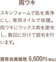 スキンフォームで肌を清浄にし、専用オイルで保護。両ワキにワックス剤を塗布し、数回に分けて脱毛を行います。通常会員価格 6,600円（税込）