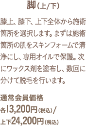 膝上、膝下、上下全体から施術箇所を選択します。まずは施術箇所の肌をスキンフォームで清浄にし、専用オイルで保護。次にワックス剤を塗布し、数回に分けて脱毛を行います。通常会員価格各13,200円（税込）/上下24,200円（税込）