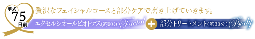 挙式75日前　贅沢なフェイシャルコースと部分ケアで磨き上げていきます。エクセルシオールビオトナス（約90分）＋部分トリートメントバ（約30分）