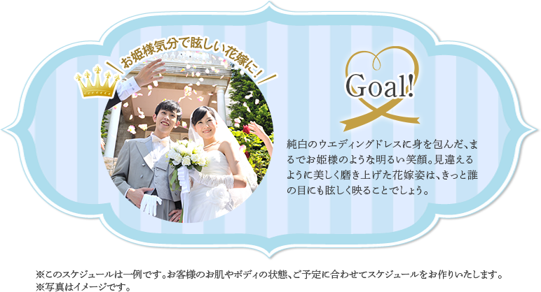 Goal!　純白のウエディングドレスに身を包んだ、まるでお姫様のような明るい笑顔。見違えるように美しく磨き上げた花嫁姿は、きっと誰の目にも眩しく映ることでしょう。