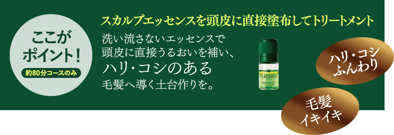 ここがポイント　スカルプエッセンスを頭皮に直接塗布してトリートメント　洗い流さないエッセンスで
頭皮に直接うるおいを補い、
ハリ・コシのある
毛髪へ導く土台作りを。