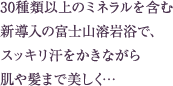 <br>30種類以上のミネラルを含む新導入の富士山溶岩浴で、スッキリ汗をかきながら肌や髪まで美しく…<br>