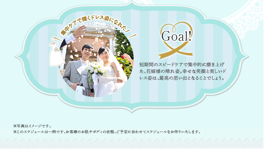 Goal!　短期間のスピードケアで集中的に磨き上げた、花嫁様の晴れ姿。幸せな笑顔と美しいドレス姿は、最高の思い出となることでしょう。