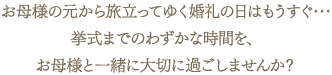 お母様の元から旅立ってゆく婚礼の日はもうすぐ･･･挙式までのわずかな時間を、お母様と一緒に大切に過ごしませんか？