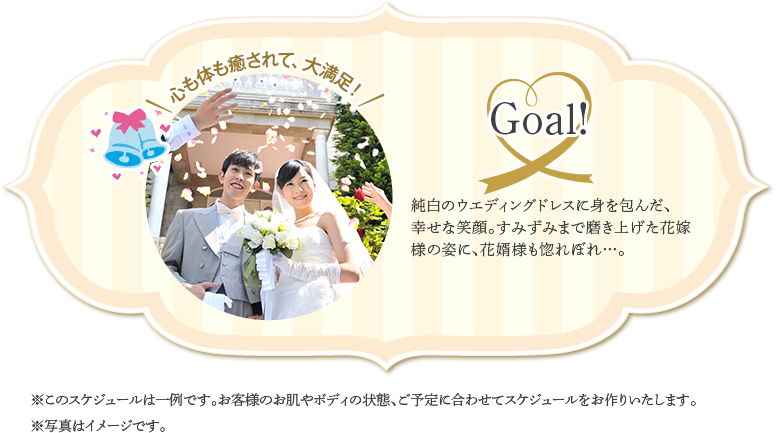 Goal!　純白のウエディングドレスに身を包んだ、幸せな笑顔。すみずみまで磨き上げた花嫁様姿に、花婿様も惚れぼれ…